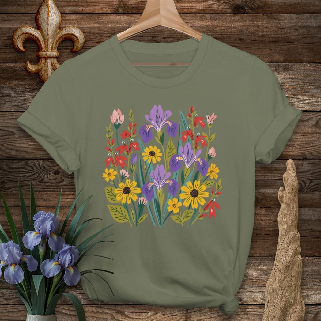 Military Green / S Louisiana Louisiana Wildflowers T-Shirt by Laissez Faire Wear
