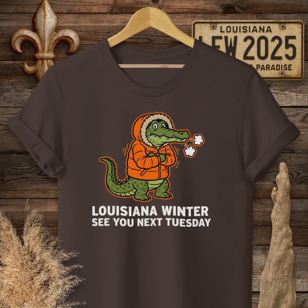 S / Dark Chocolate Louisiana Louisiana Winter Gator T-Shirt by Laissez Faire Wear
