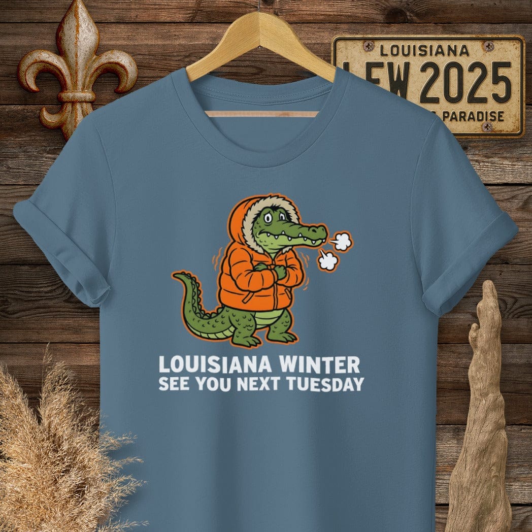 S / Indigo Blue Louisiana Louisiana Winter Gator T-Shirt by Laissez Faire Wear
