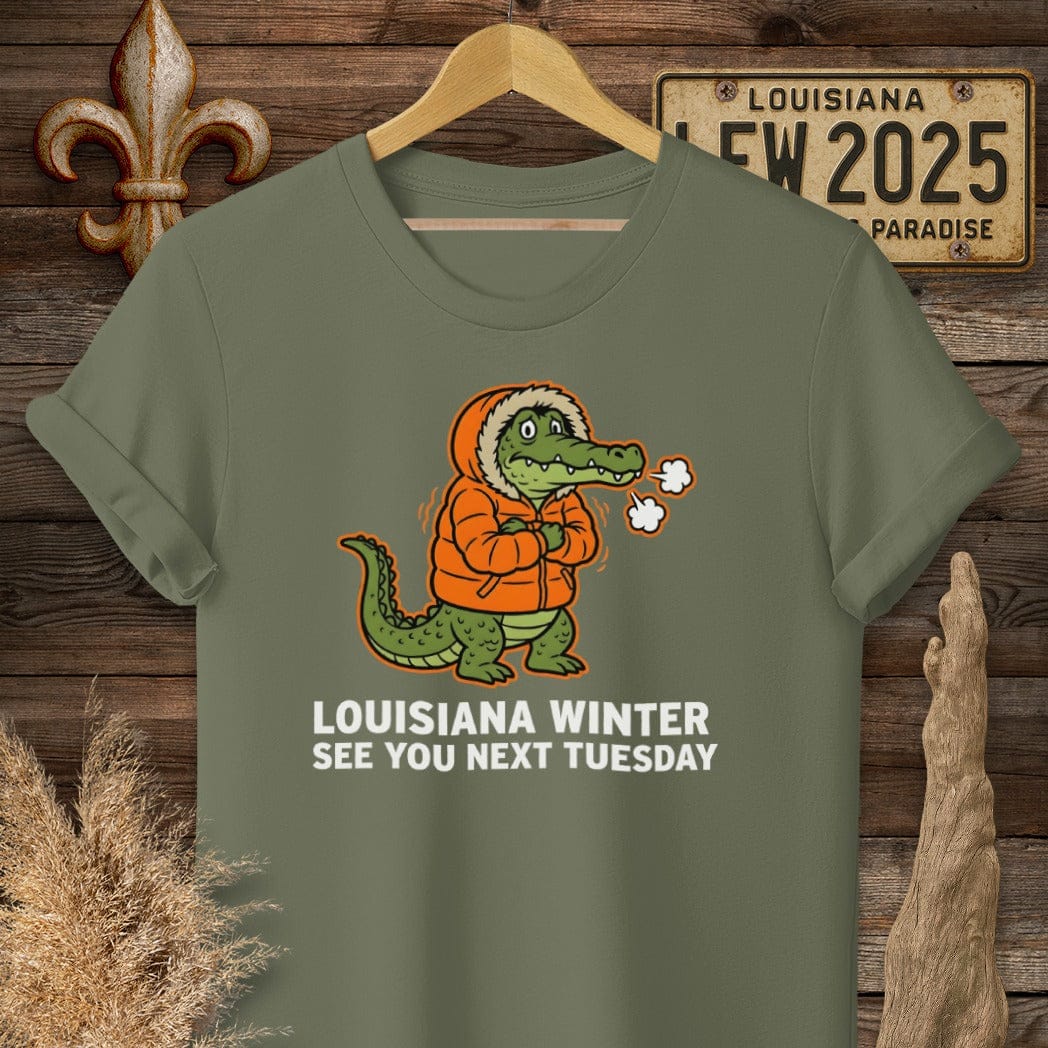 S / Military Green Louisiana Louisiana Winter Gator T-Shirt by Laissez Faire Wear