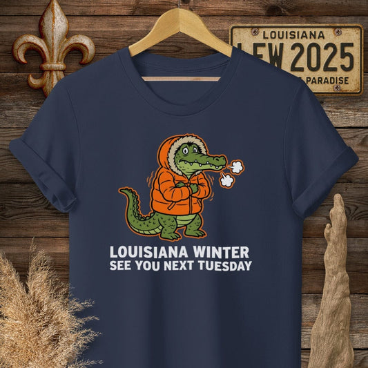 S / Navy Louisiana Louisiana Winter Gator T-Shirt by Laissez Faire Wear