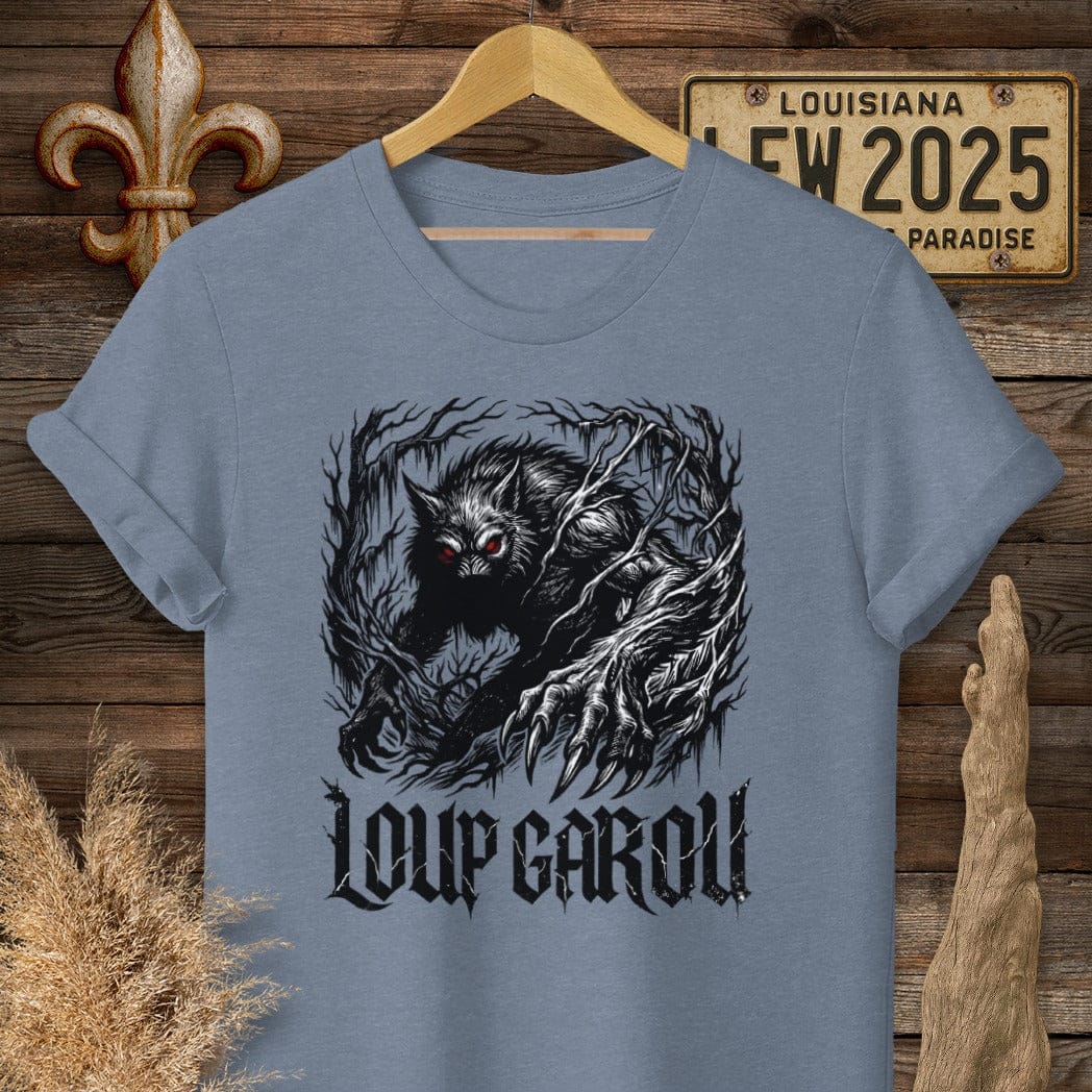 S / Heather Indigo Louisiana Loup Garou Street Wear T-Shirt by Laissez Faire Wear