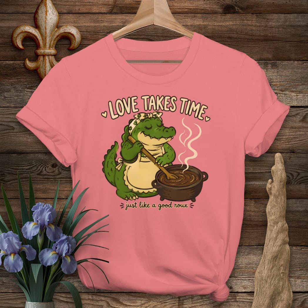 S / Coral Silk Louisiana Love Takes Time T-Shirt by Laissez Faire Wear