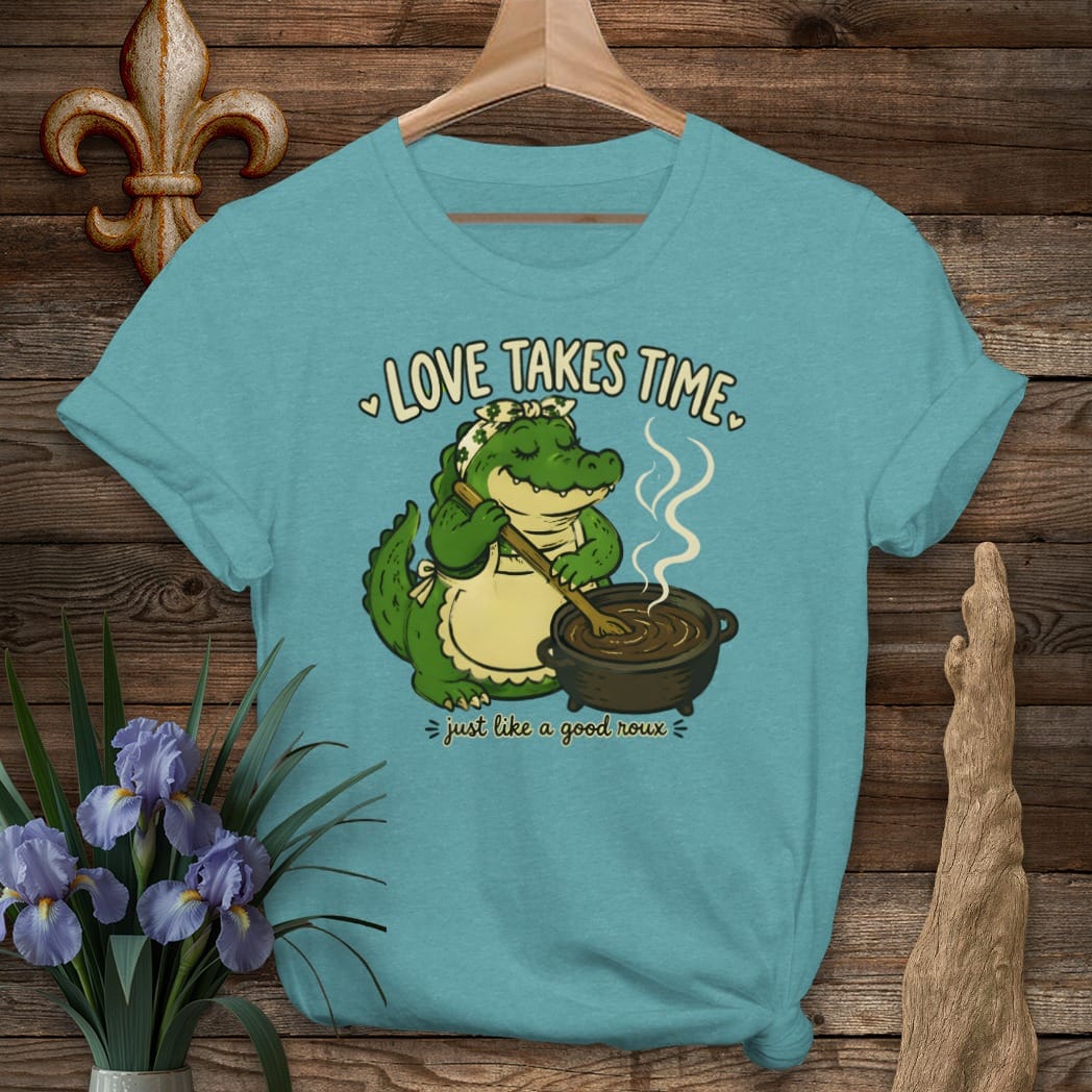 S / Heather Galapagos Blue Louisiana Love Takes Time T-Shirt by Laissez Faire Wear