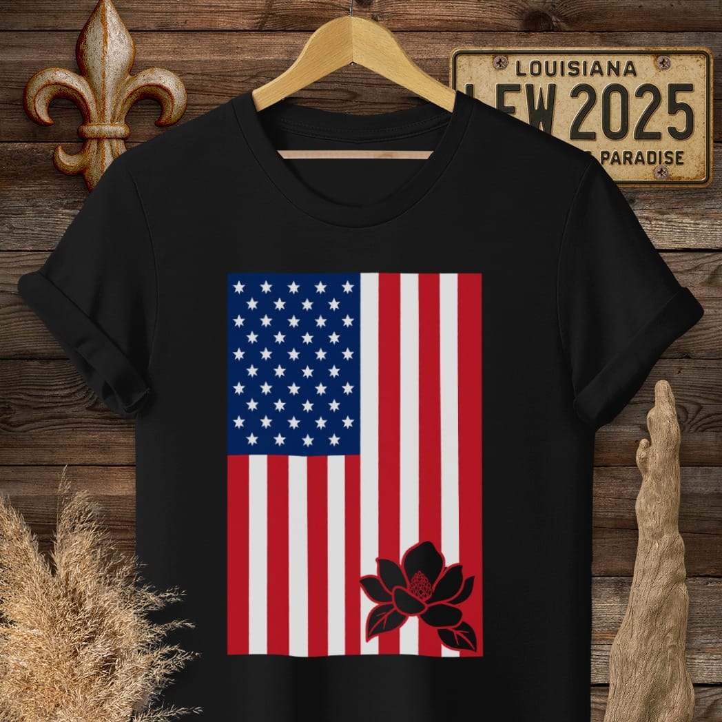 S / Black Louisiana Magnolia Cut Flag T-Shirt by Laissez Faire Wear