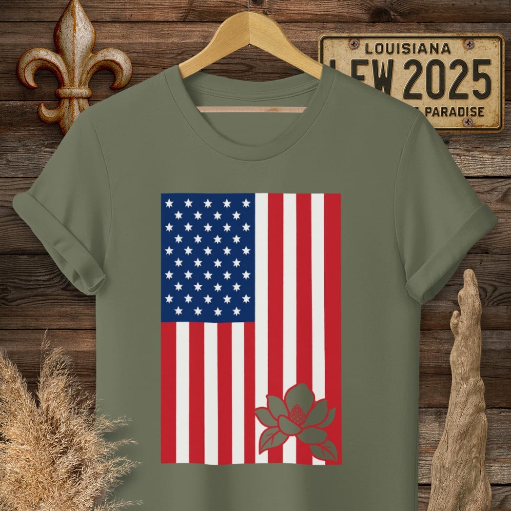 S / Military Green Louisiana Magnolia Cut Flag T-Shirt by Laissez Faire Wear