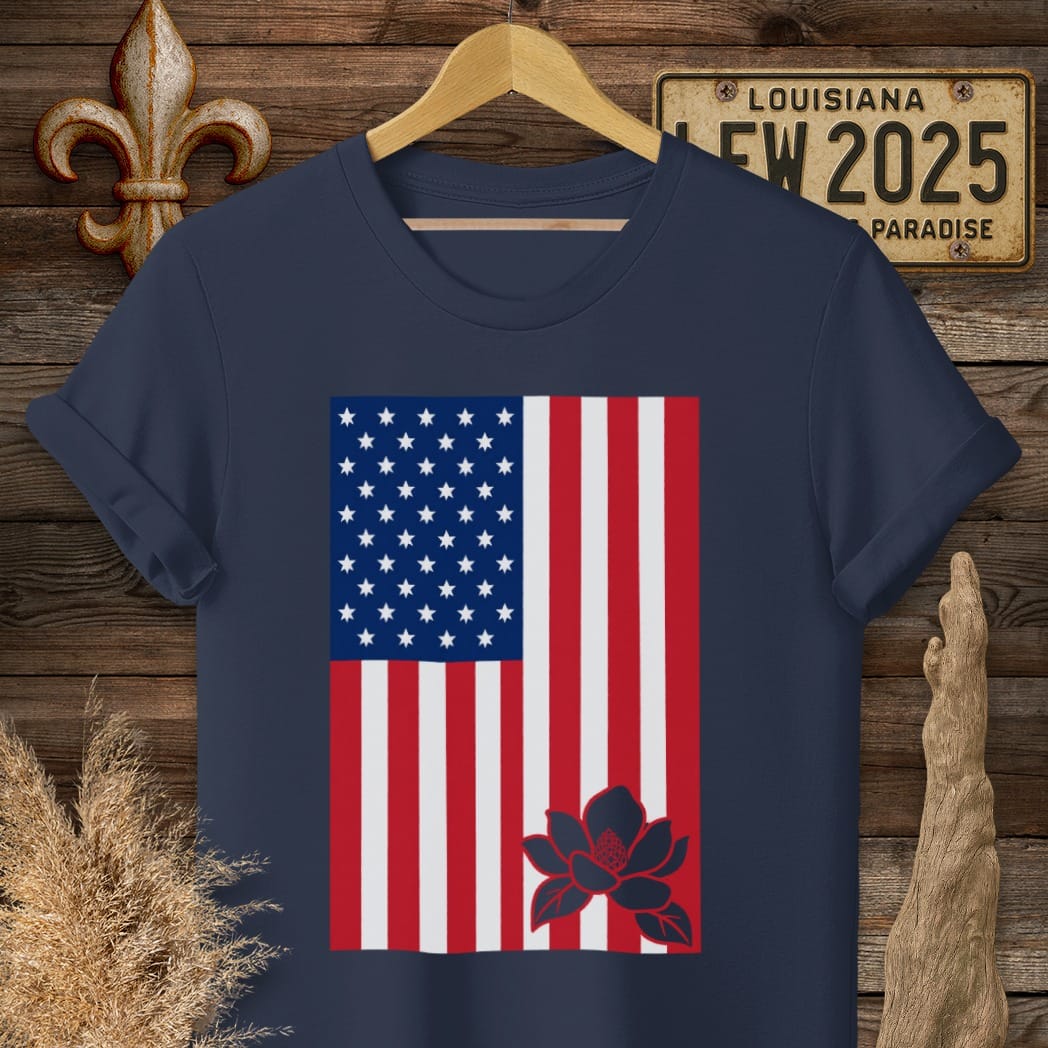 S / Navy Louisiana Magnolia Cut Flag T-Shirt by Laissez Faire Wear