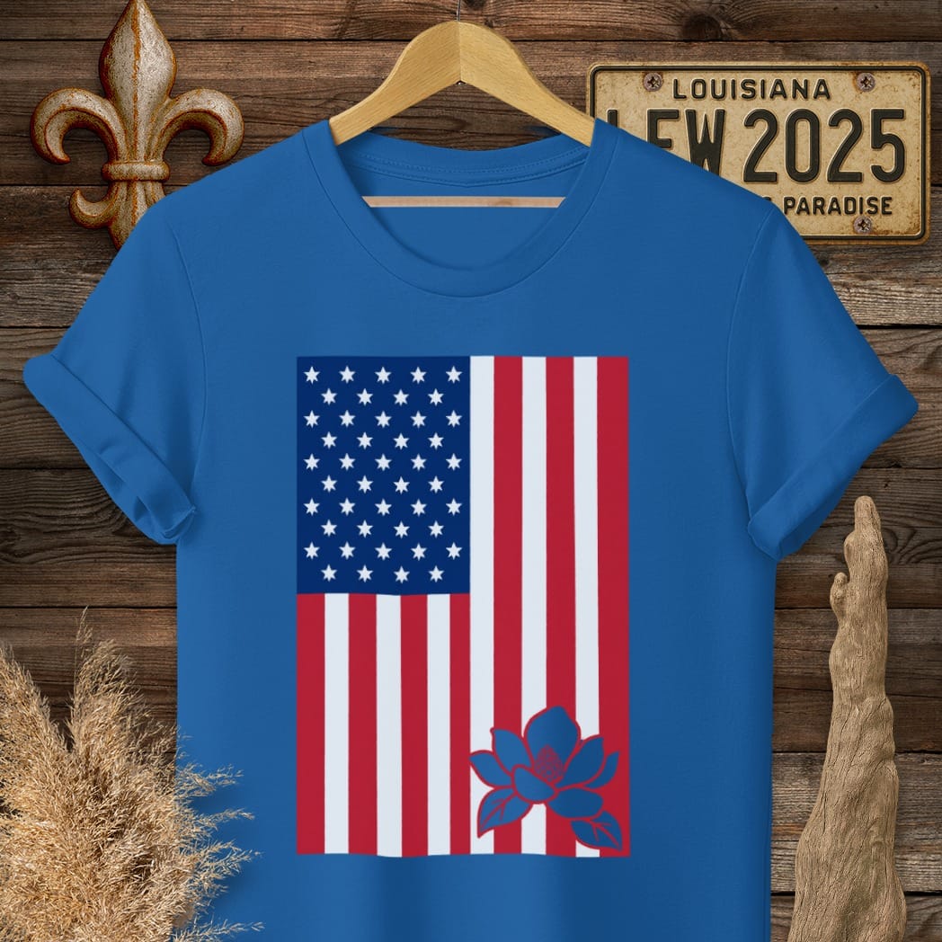 S / Royal Louisiana Magnolia Cut Flag T-Shirt by Laissez Faire Wear
