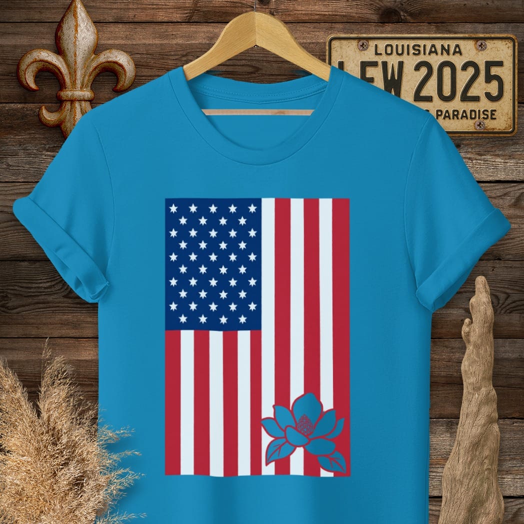 S / Sapphire Louisiana Magnolia Cut Flag T-Shirt by Laissez Faire Wear