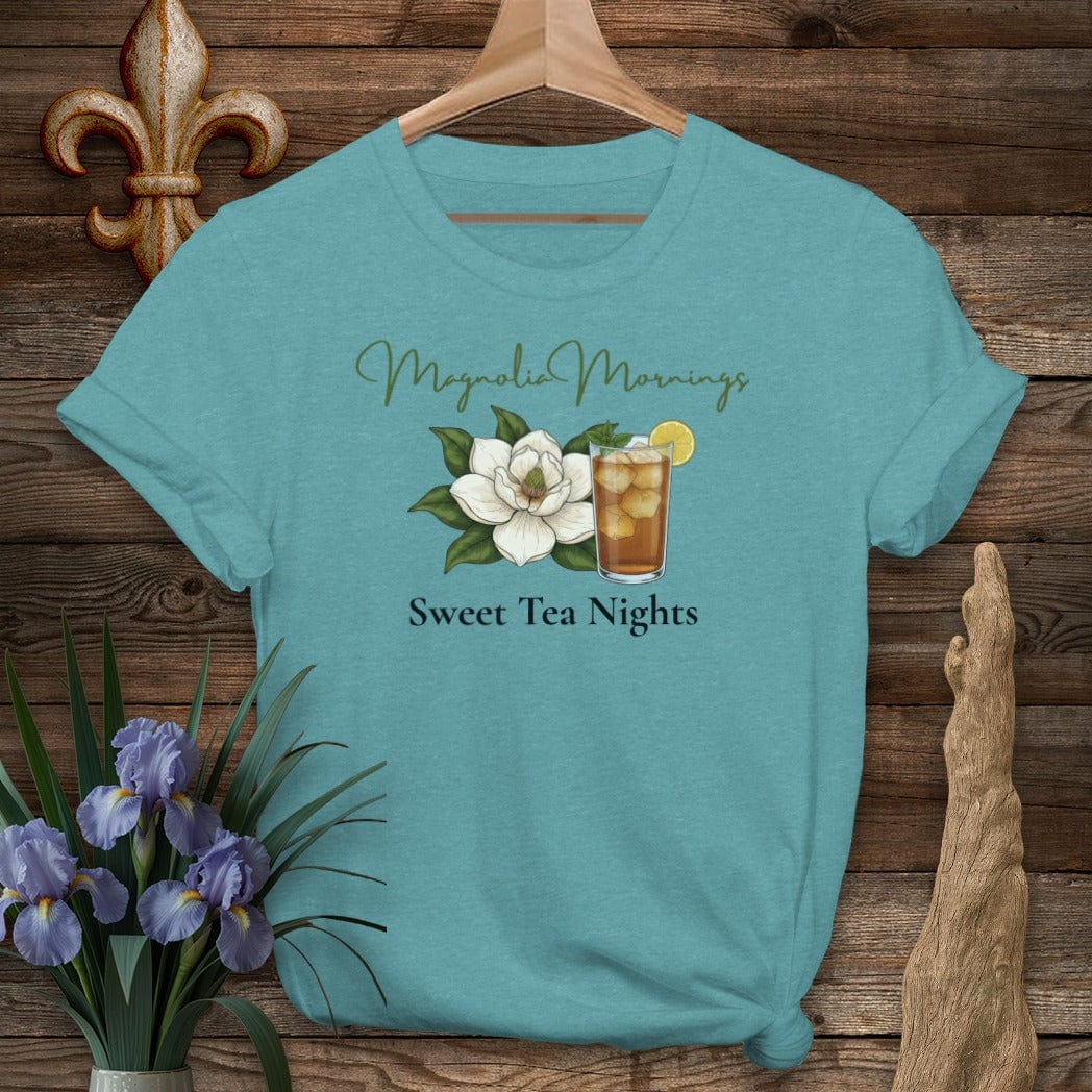 S / Heather Galapagos Blue Louisiana Magnolia Mornings T-Shirt by Laissez Faire Wear