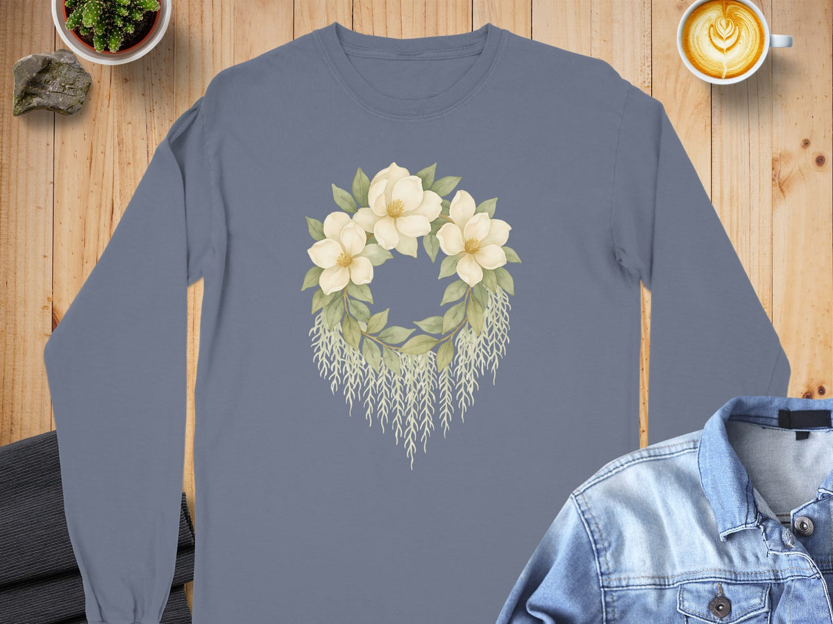 S / Blue Jean Louisiana Magnolias & Moss Long Sleeve Tee (CC6014) by Laissez Faire Wear