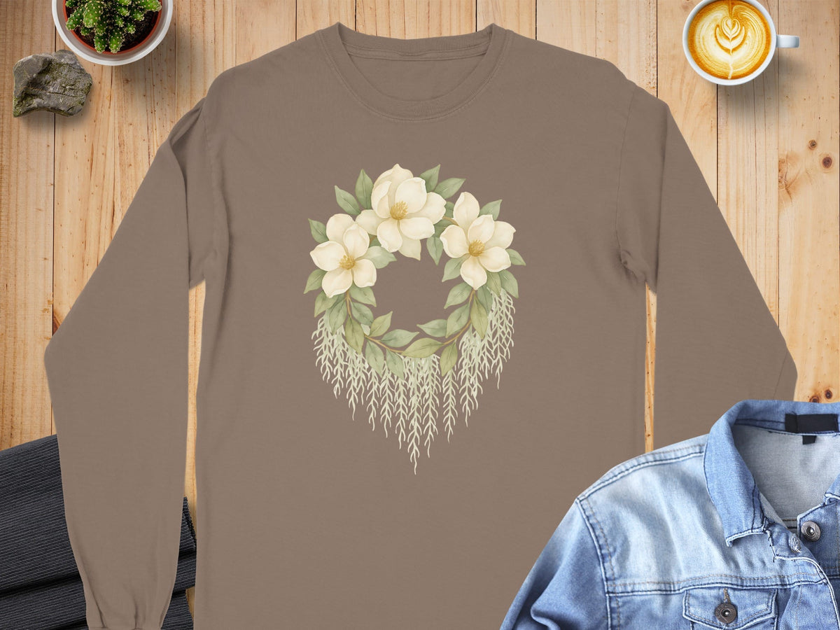 S / Espresso Louisiana Magnolias & Moss Long Sleeve Tee (CC6014) by Laissez Faire Wear