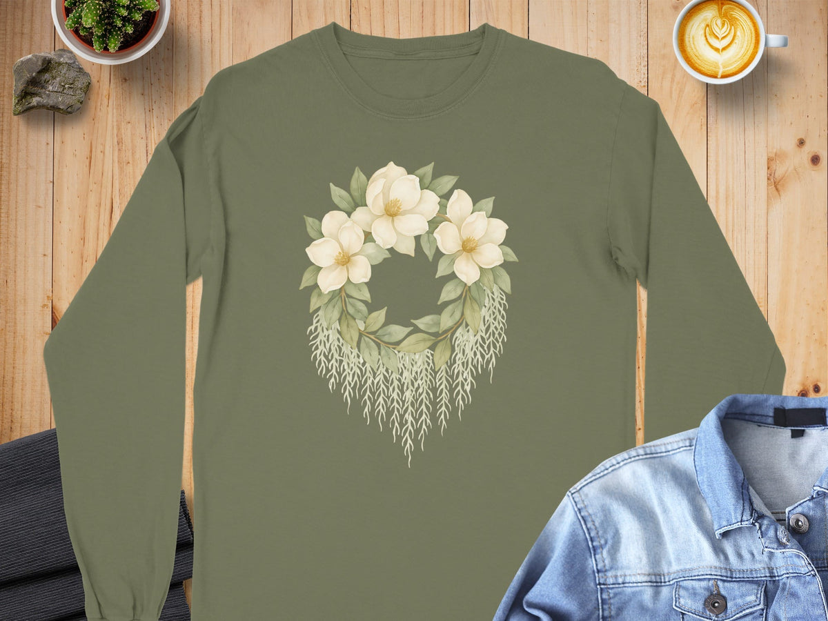 S / Hemp Louisiana Magnolias & Moss Long Sleeve Tee (CC6014) by Laissez Faire Wear