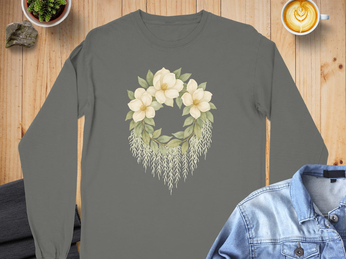 S / Pepper Louisiana Magnolias & Moss Long Sleeve Tee (CC6014) by Laissez Faire Wear
