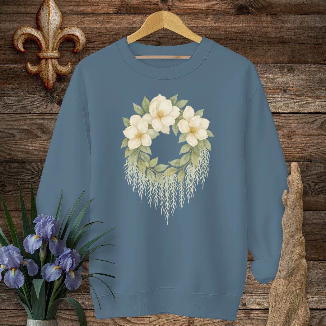 S / Indigo Blue Louisiana Magnolias & Moss Sweatshirt by Laissez Faire Wear