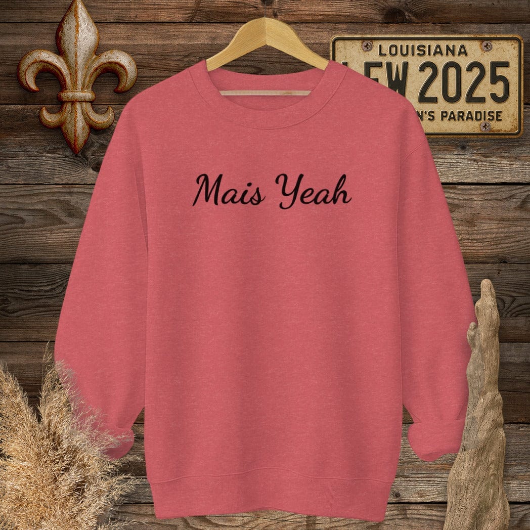 S / Heather Scarlet Red Louisiana Mais Yeah Cajun French Sweatshirt by Laissez Faire Wear