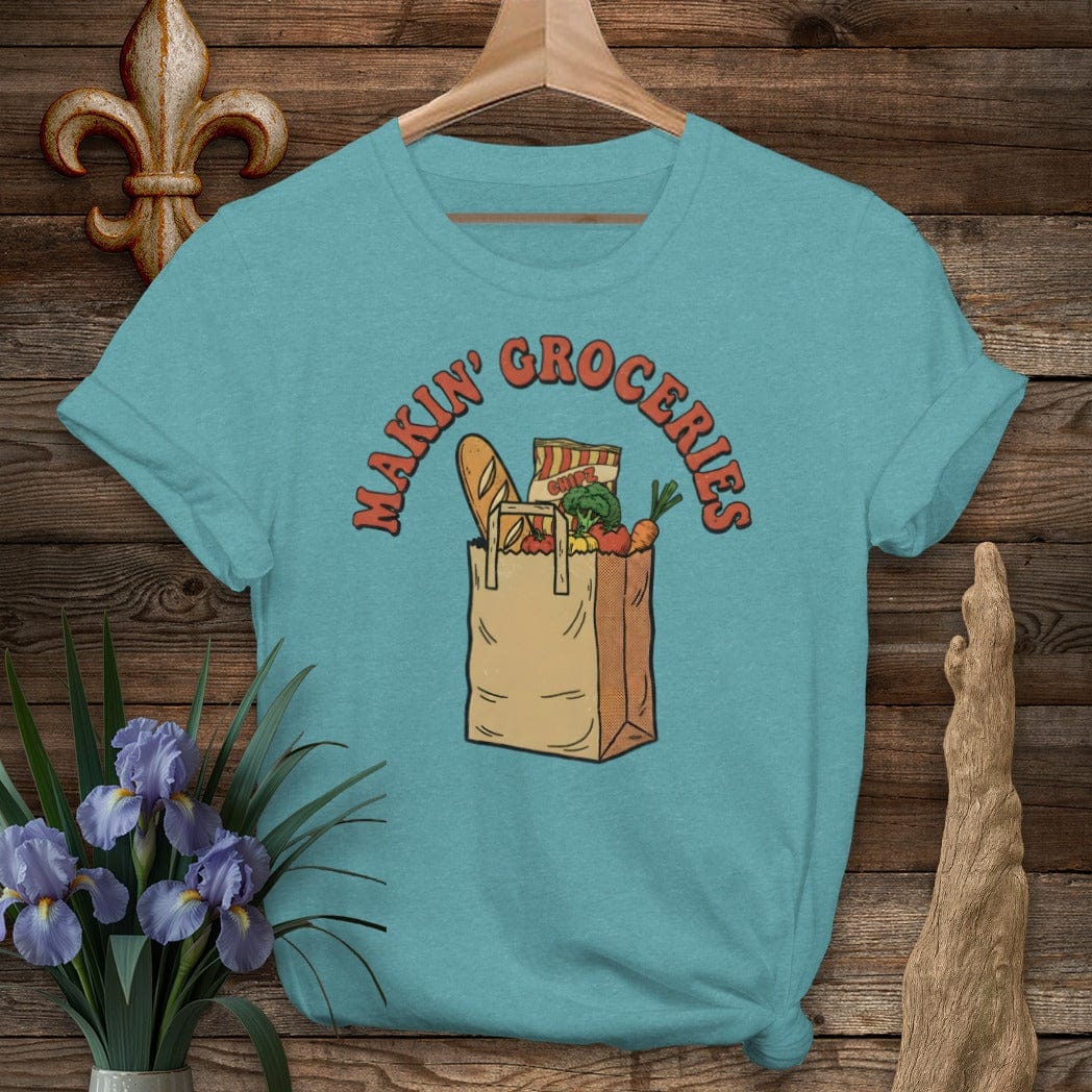 S / Heather Galapagos Blue Louisiana Makin' Groceries T-Shirt by Laissez Faire Wear