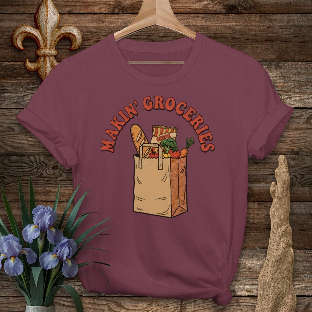 S / Maroon Louisiana Makin' Groceries T-Shirt by Laissez Faire Wear
