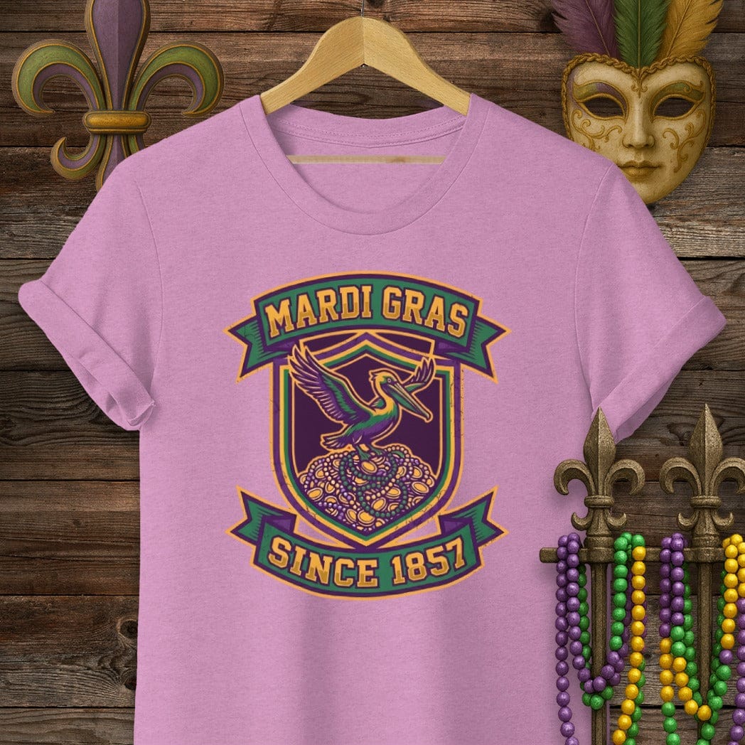 S / Heather Radiant Orchid Louisiana Mardi Gras Crest T-Shirt by Laissez Faire Wear
