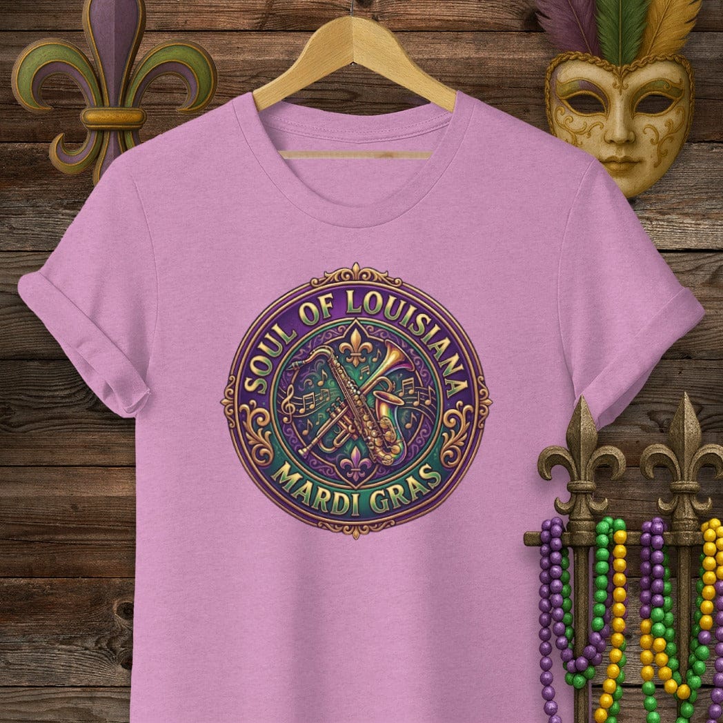 S / Heather Radiant Orchid Louisiana Mardi Gras Soul T-Shirt by Laissez Faire Wear