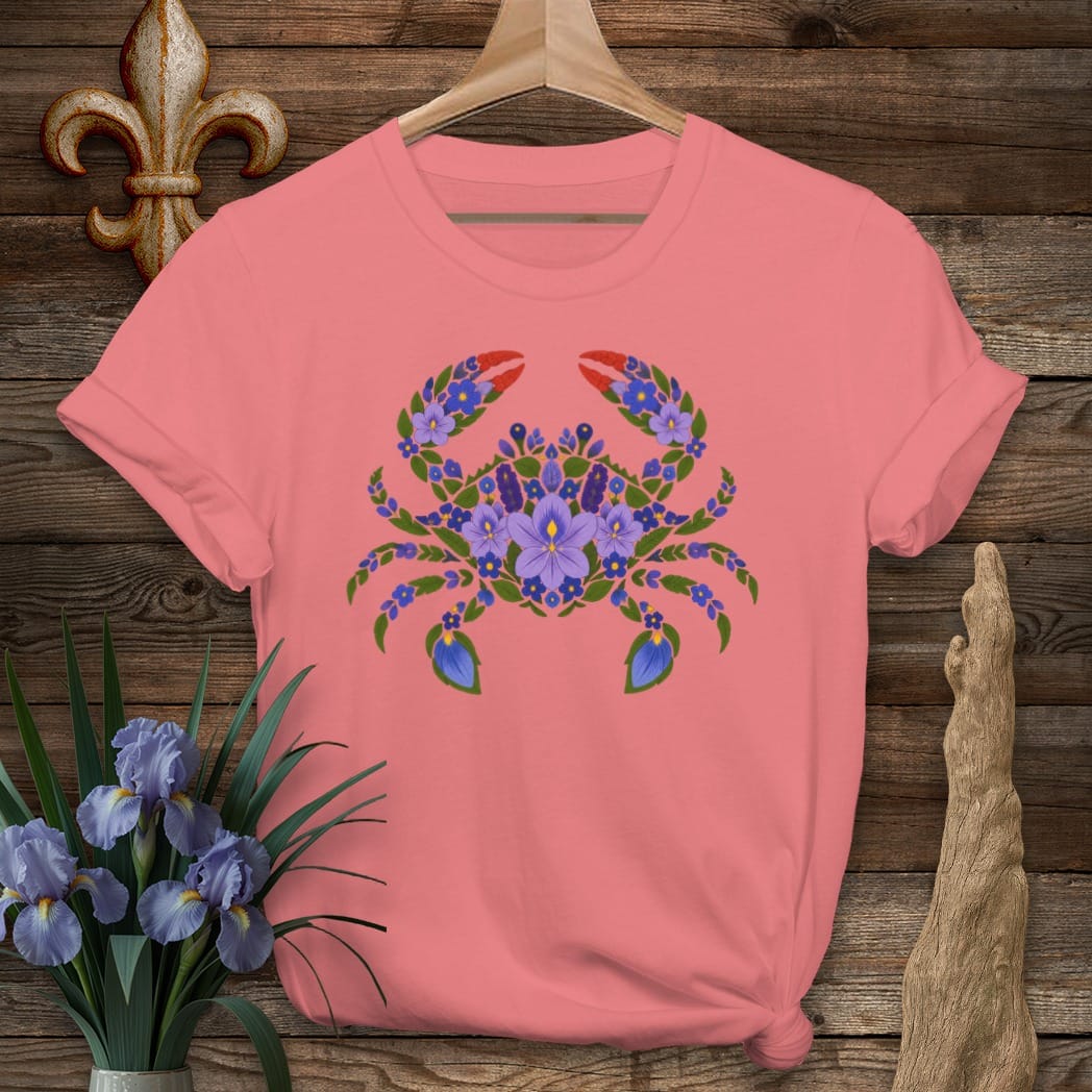 S / Coral Silk Louisiana Marsh Bloom Crab T-Shirt by Laissez Faire Wear