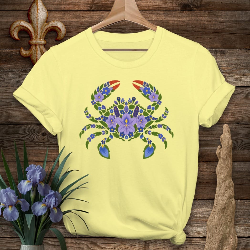S / Cornsilk Louisiana Marsh Bloom Crab T-Shirt by Laissez Faire Wear