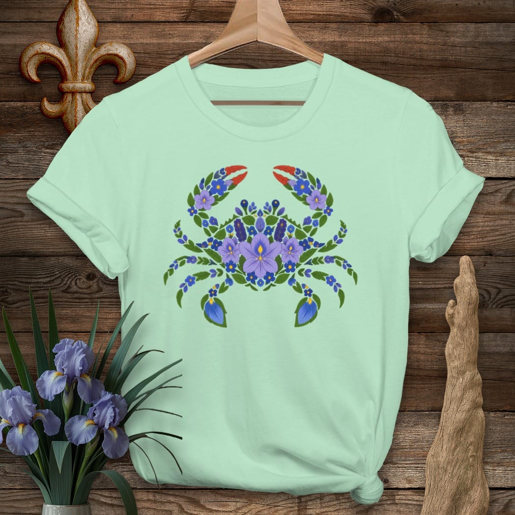 S / Mint Green Louisiana Marsh Bloom Crab T-Shirt by Laissez Faire Wear