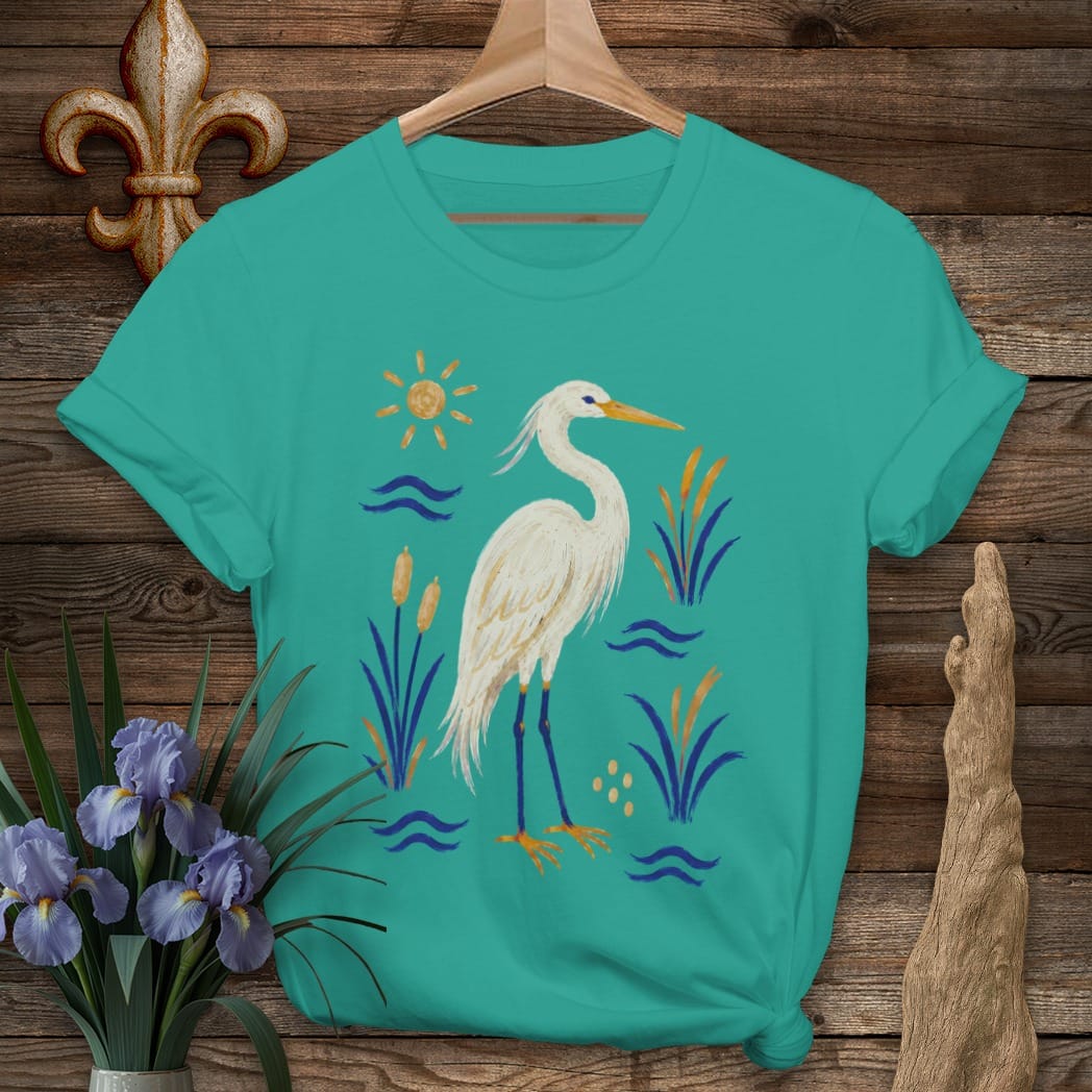 S / Jade Dome Louisiana Marsh Egret T-Shirt by Laissez Faire Wear