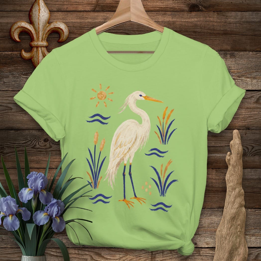 S / Lime Louisiana Marsh Egret T-Shirt by Laissez Faire Wear