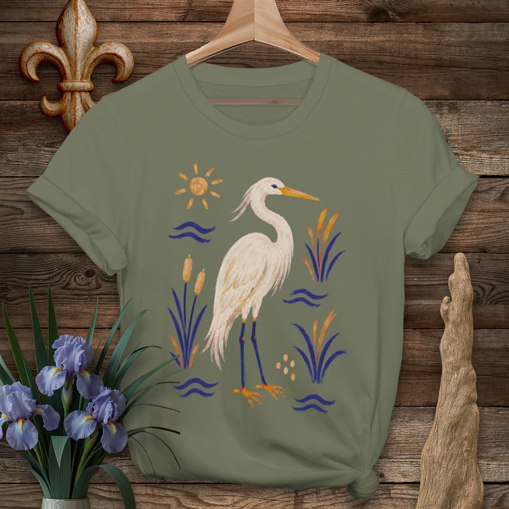 S / Military Green Louisiana Marsh Egret T-Shirt by Laissez Faire Wear