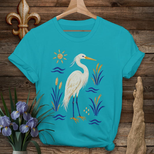 S / Tropical Blue Louisiana Marsh Egret T-Shirt by Laissez Faire Wear