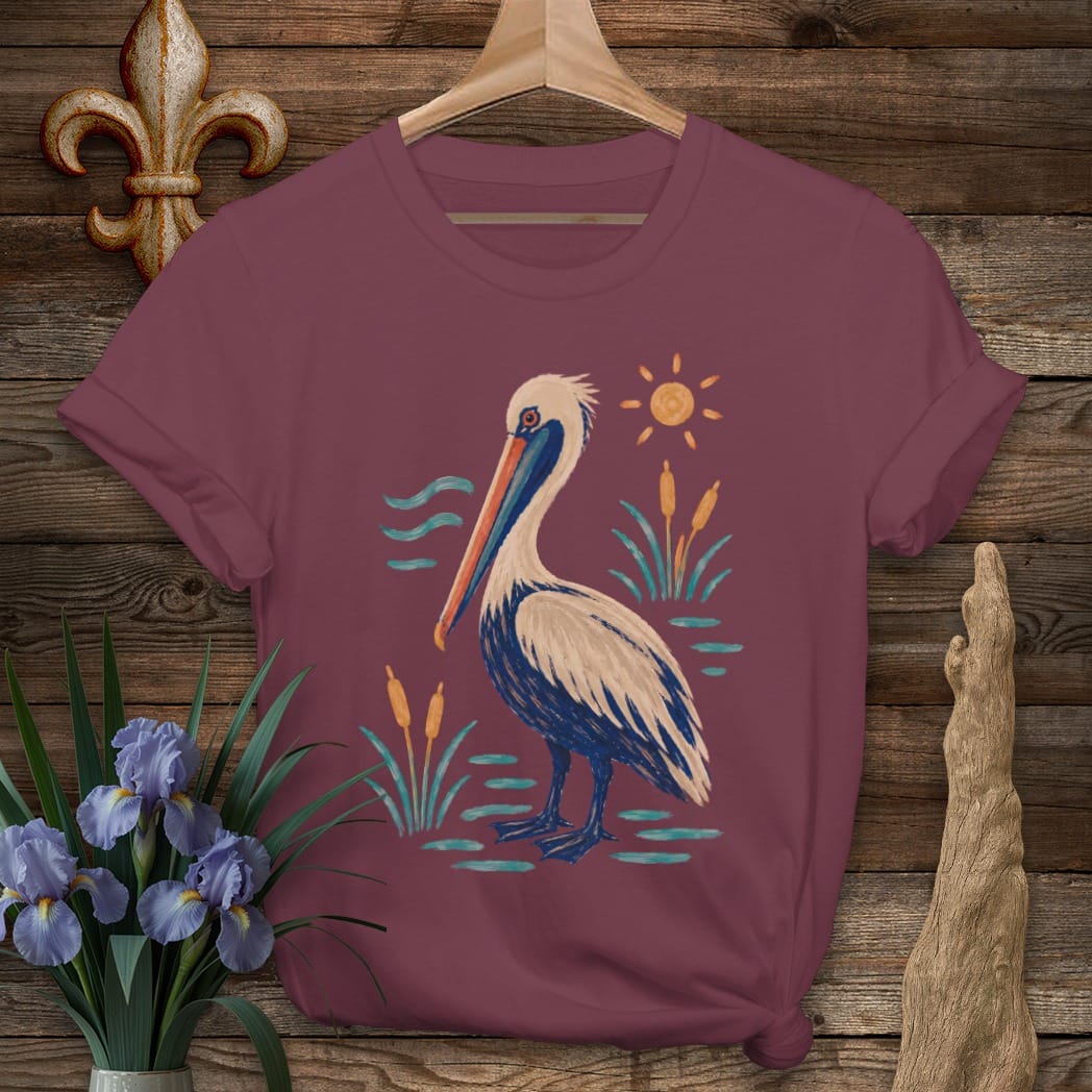 S / Maroon Louisiana Marsh Pelican T-Shirt by Laissez Faire Wear