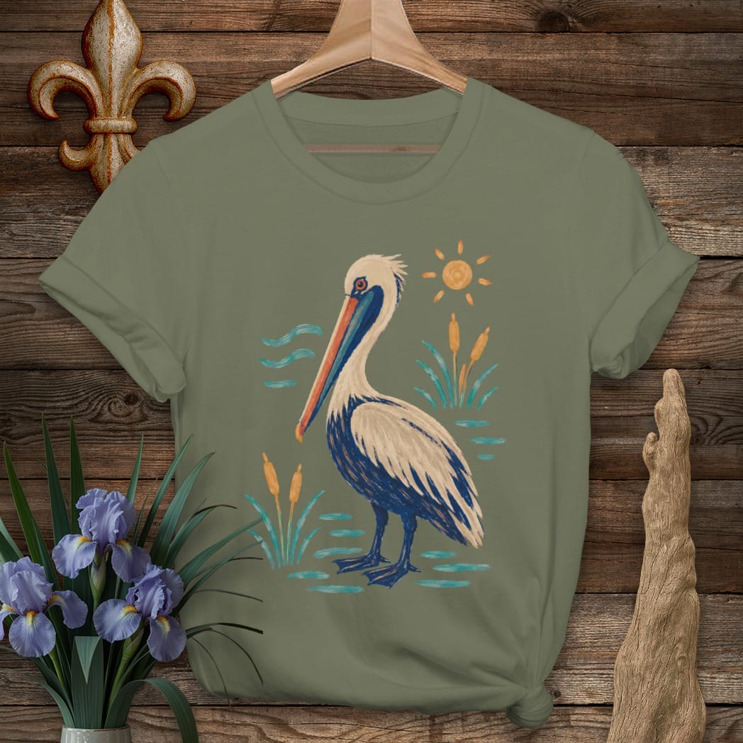 S / Military Green Louisiana Marsh Pelican T-Shirt by Laissez Faire Wear
