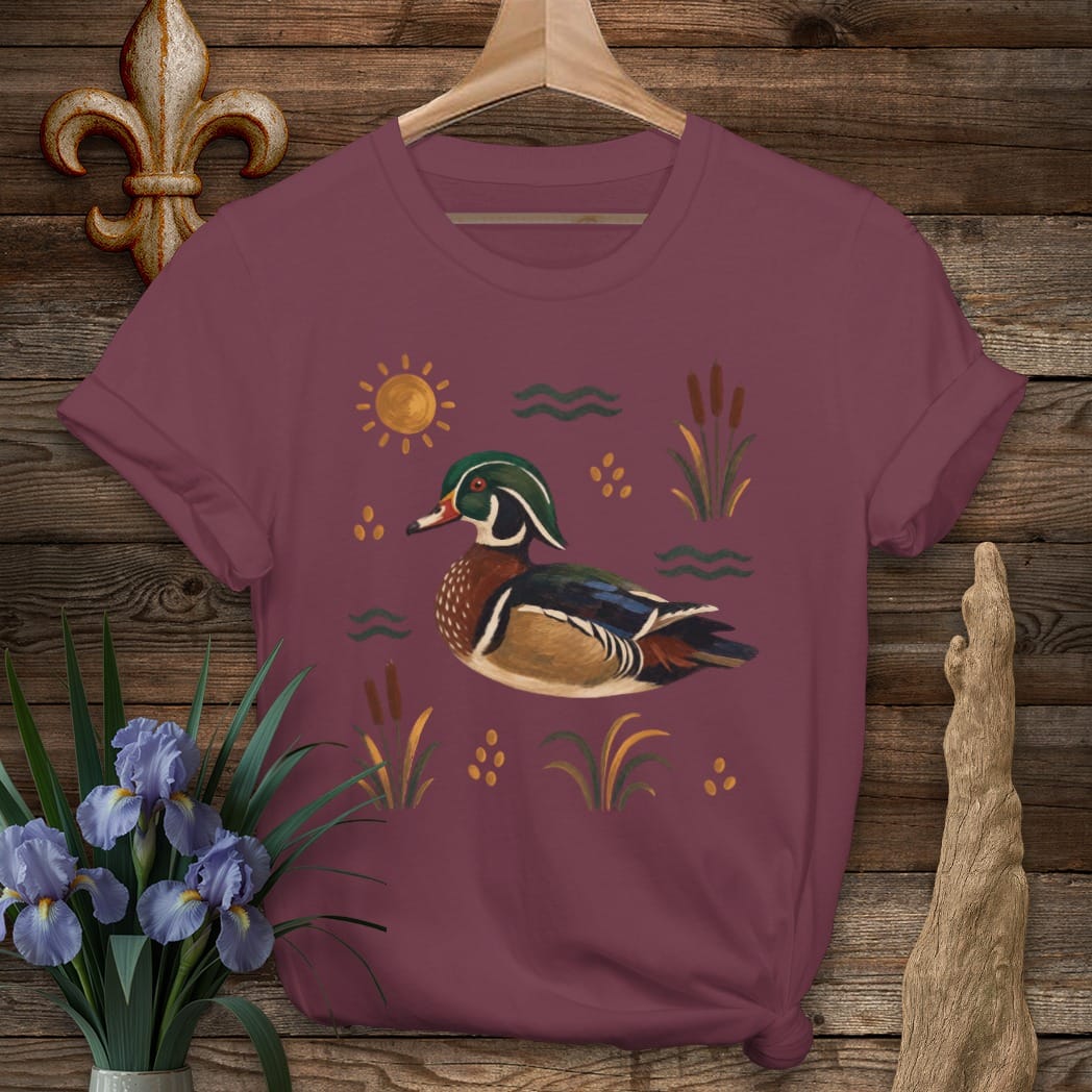 S / Maroon Louisiana Marsh Wood Duck T-Shirt by Laissez Faire Wear