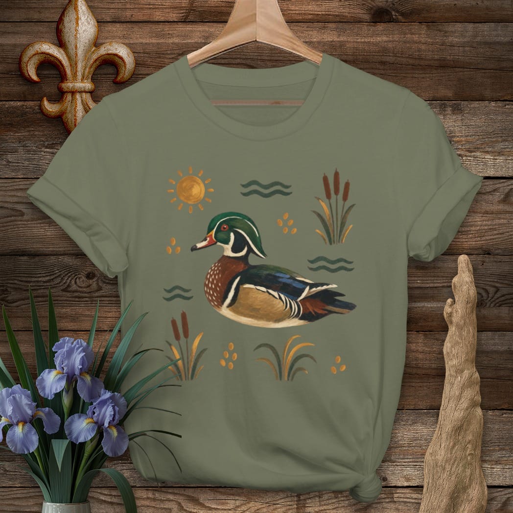 S / Military Green Louisiana Marsh Wood Duck T-Shirt by Laissez Faire Wear
