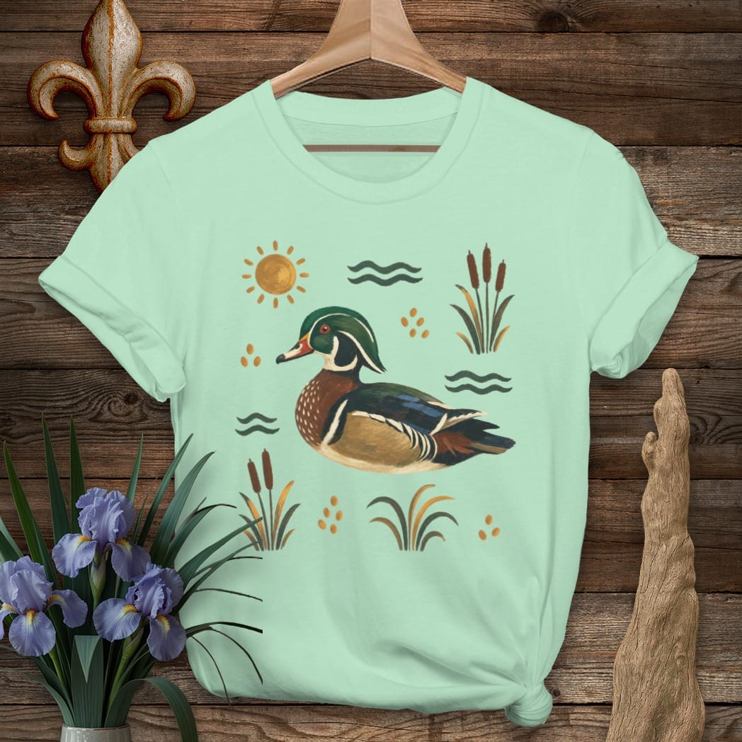 S / Mint Green Louisiana Marsh Wood Duck T-Shirt by Laissez Faire Wear