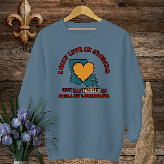 S / Indigo Blue Louisiana May Live in Florida Sweatshirt by Laissez Faire Wear