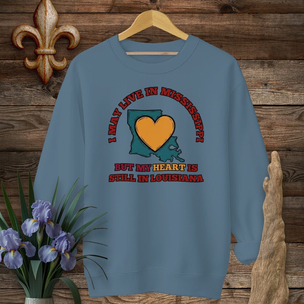 S / Indigo Blue Louisiana May Live in Mississippi Sweatshirt by Laissez Faire Wear