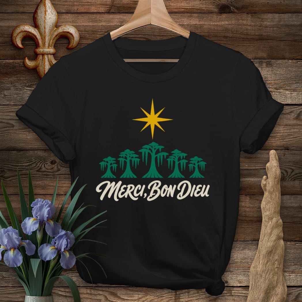 S / Black Louisiana Merci, Bon Dieu T-Shirt by Laissez Faire Wear