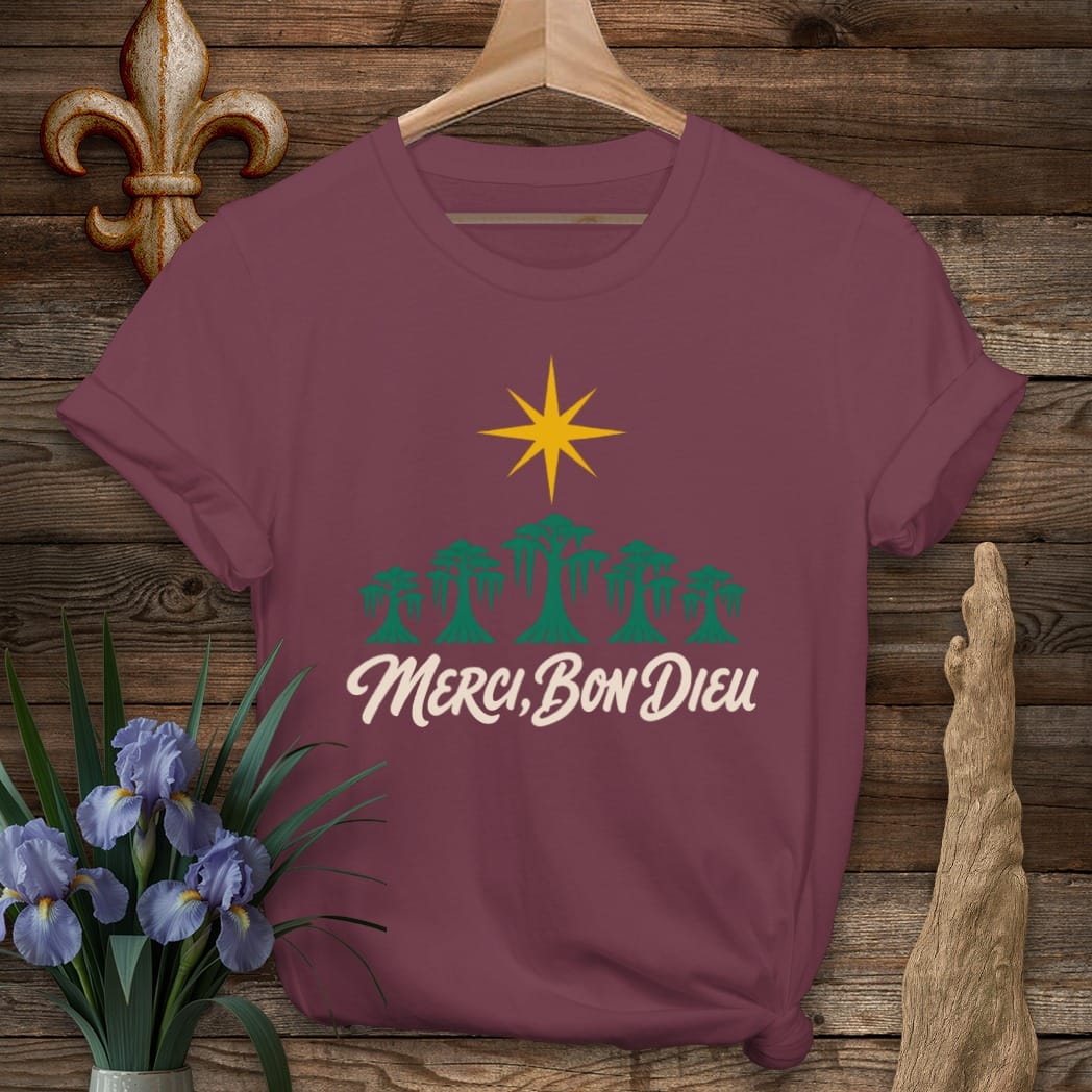 S / Maroon Louisiana Merci, Bon Dieu T-Shirt by Laissez Faire Wear