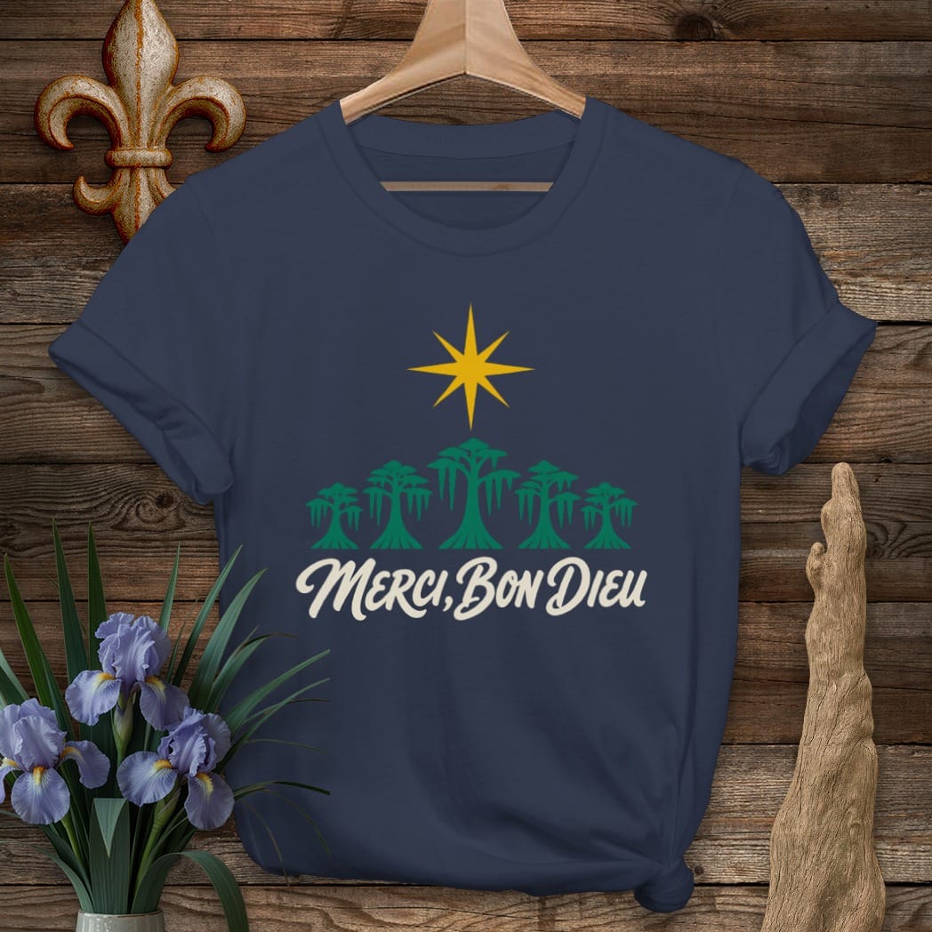 S / Navy Louisiana Merci, Bon Dieu T-Shirt by Laissez Faire Wear