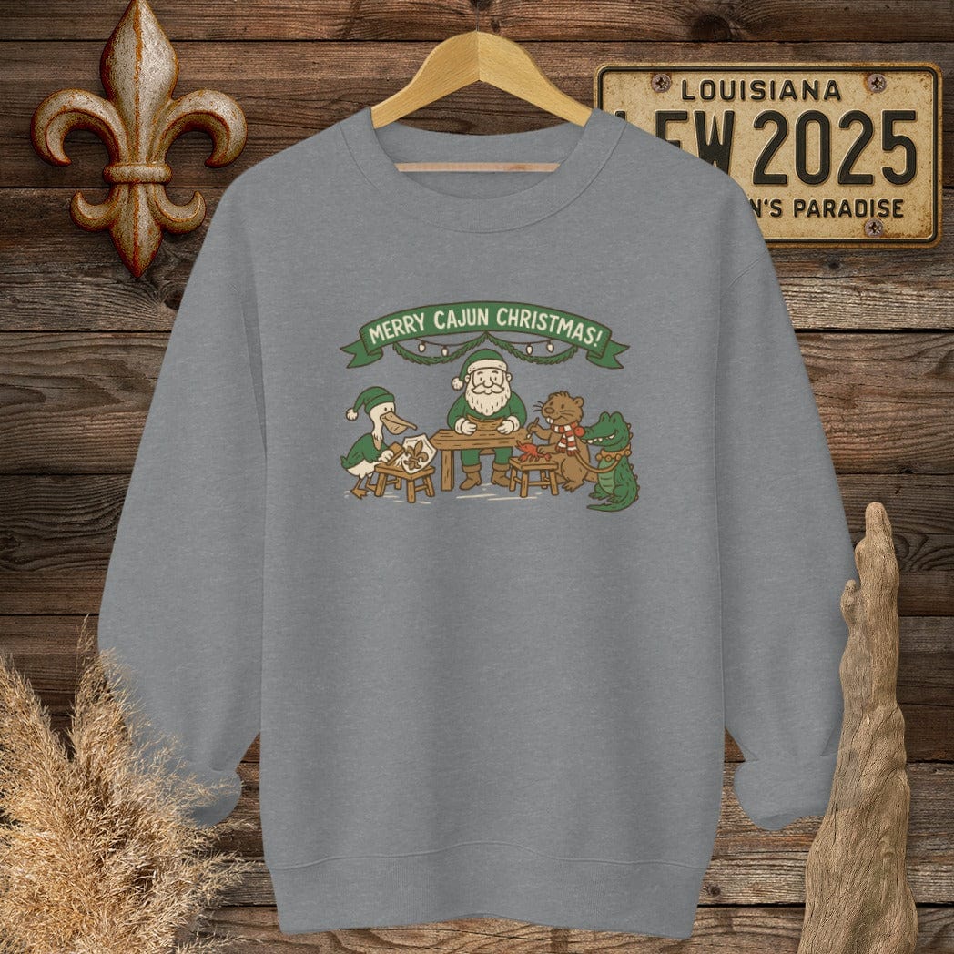 S / Graphite Heather Louisiana Merry Cajun Christmas Sweatshirt by Laissez Faire Wear