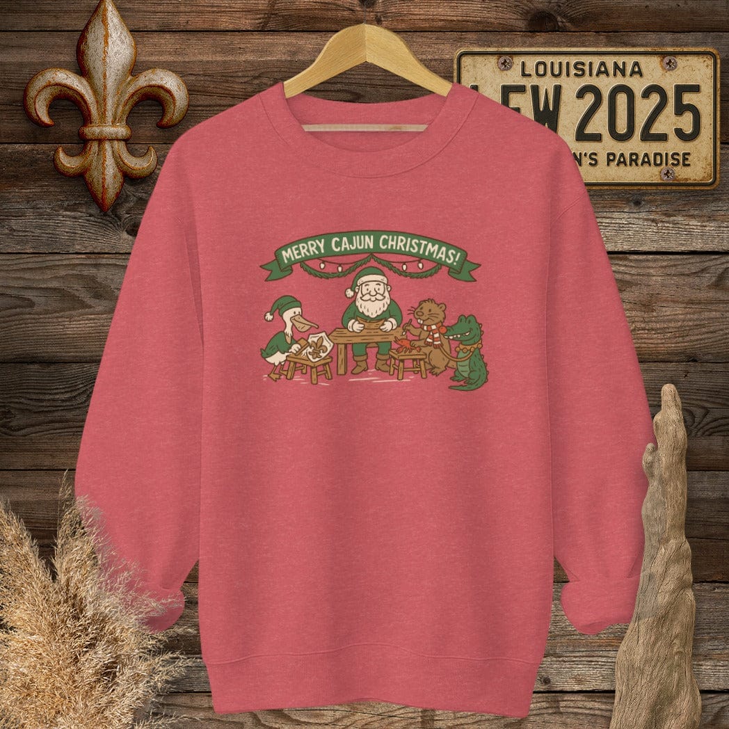 S / Heather Scarlet Red Louisiana Merry Cajun Christmas Sweatshirt by Laissez Faire Wear