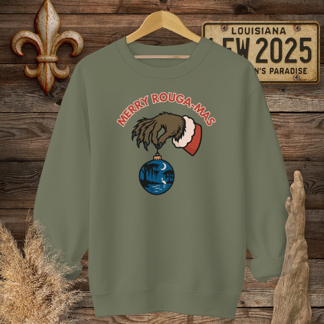 S / Military Green Louisiana Merry Rouga-mas Christmas Sweatshirt by Laissez Faire Wear