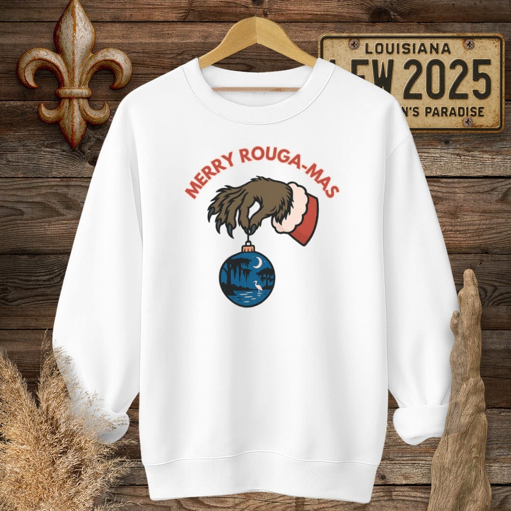 S / White Louisiana Merry Rouga-mas Christmas Sweatshirt by Laissez Faire Wear