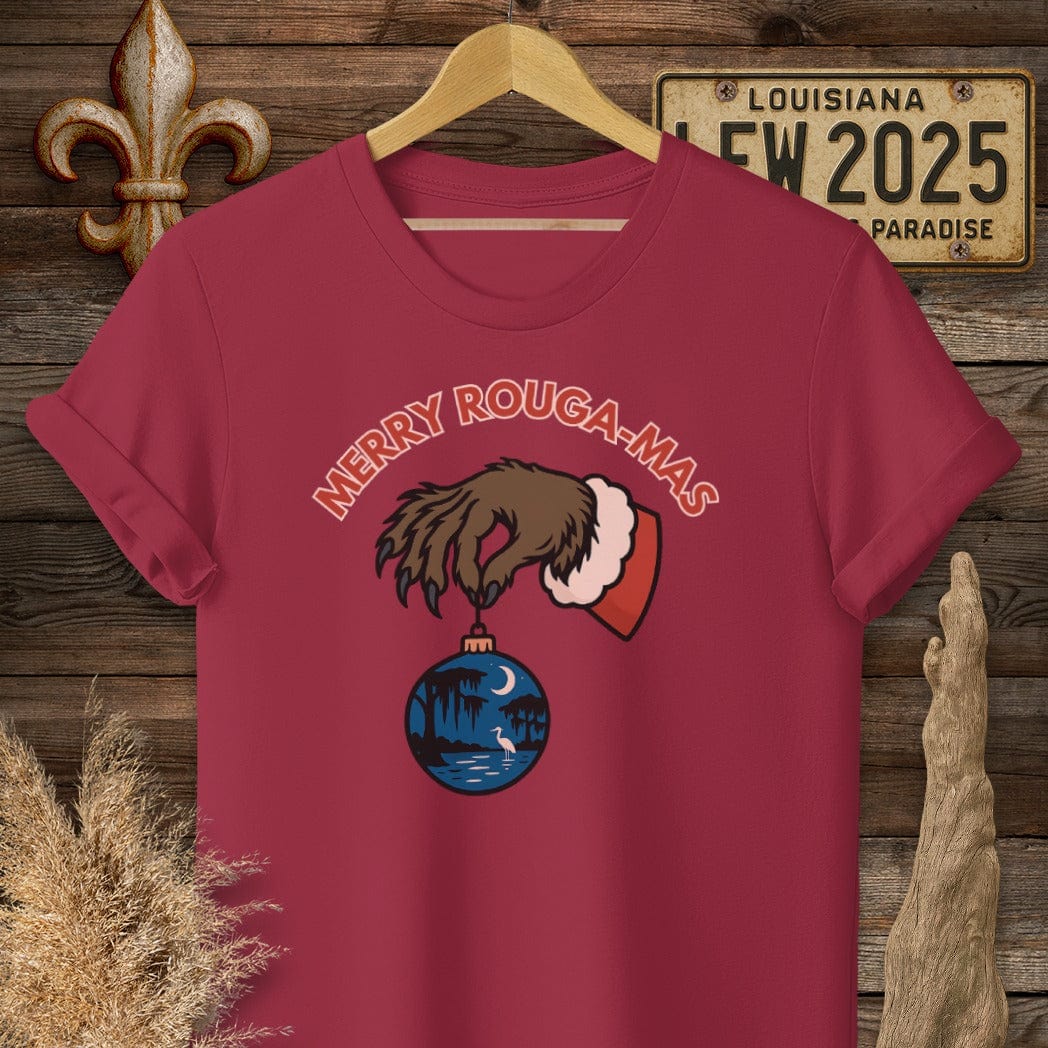 S / Cardinal Red Louisiana Merry Rouga-mas Christmas T-Shirt by Laissez Faire Wear