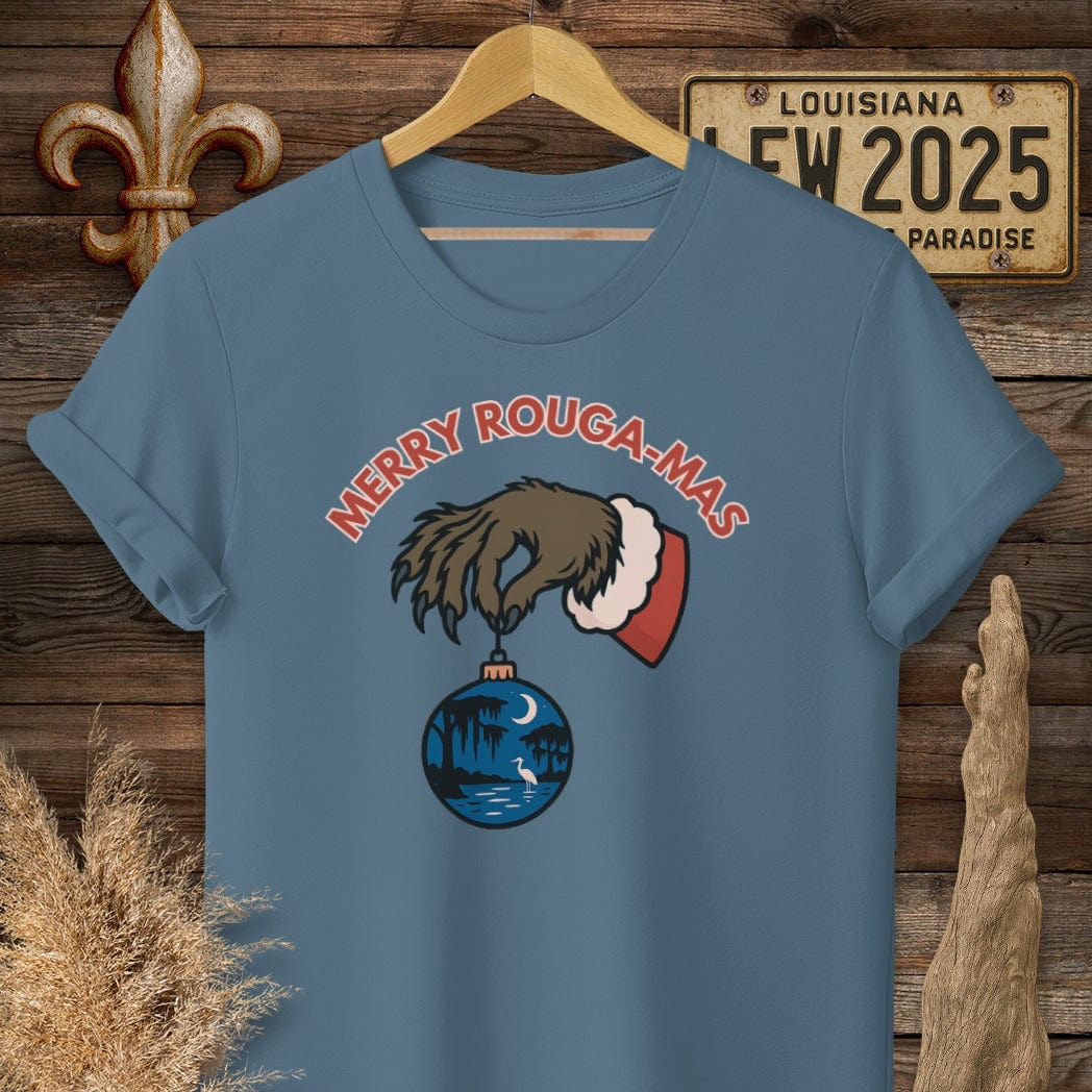 S / Indigo Blue Louisiana Merry Rouga-mas Christmas T-Shirt by Laissez Faire Wear
