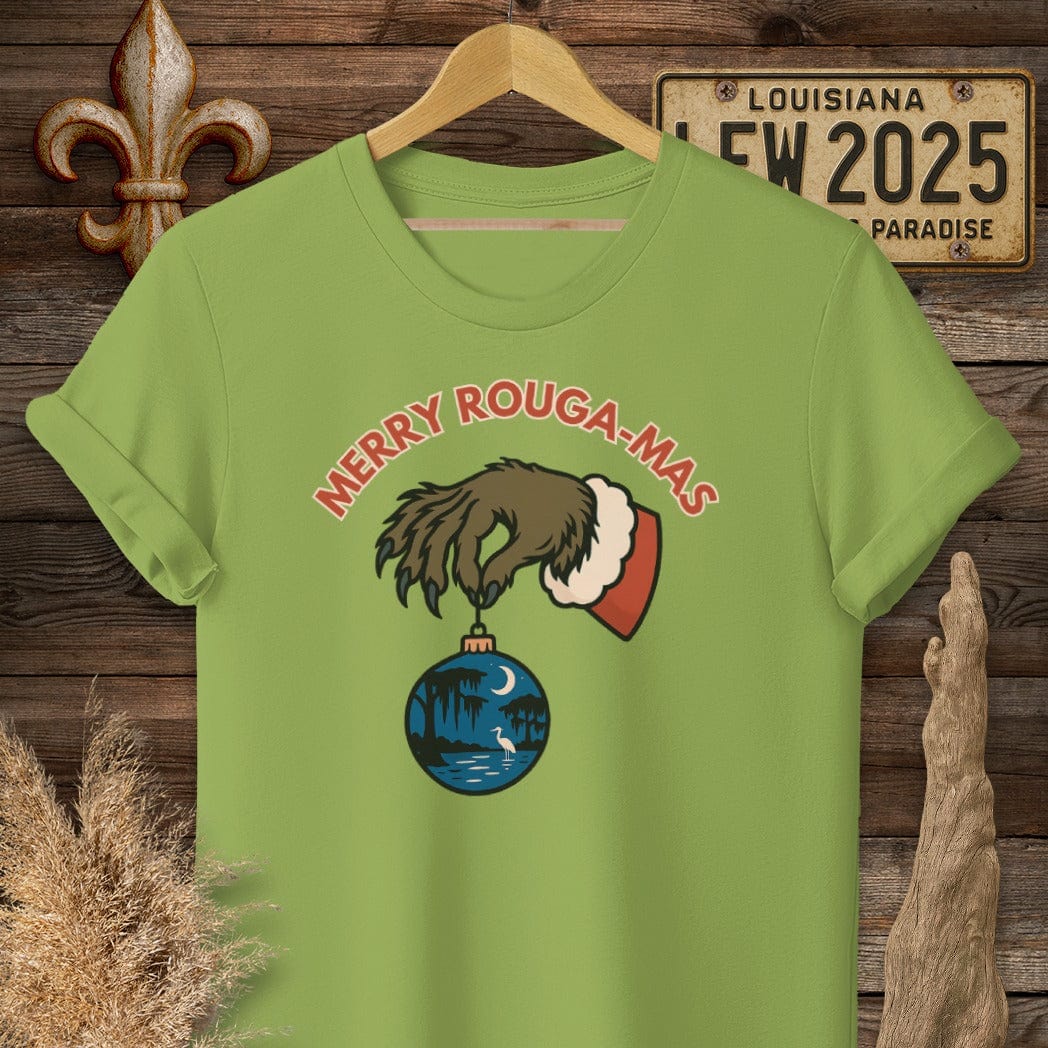 S / Kiwi Louisiana Merry Rouga-mas Christmas T-Shirt by Laissez Faire Wear