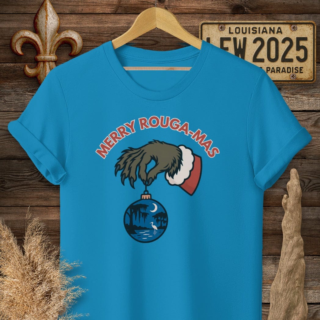 S / Sapphire Louisiana Merry Rouga-mas Christmas T-Shirt by Laissez Faire Wear
