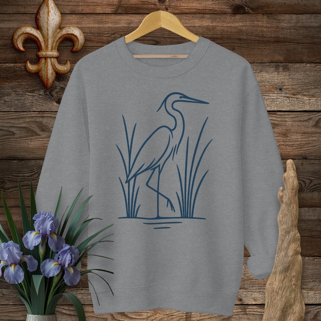 S / Graphite Heather Louisiana Minimalist Heron Sweatshirt by Laissez Faire Wear